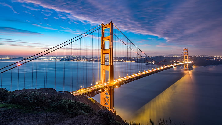bridge, Golden Gate Bridge, San Francisco, city lights, sea, HD wallpaper