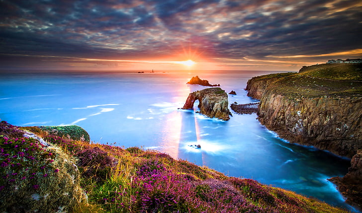 ocean and hills painting, Sunrise, Lands End, Cornwall, England, HD wallpaper