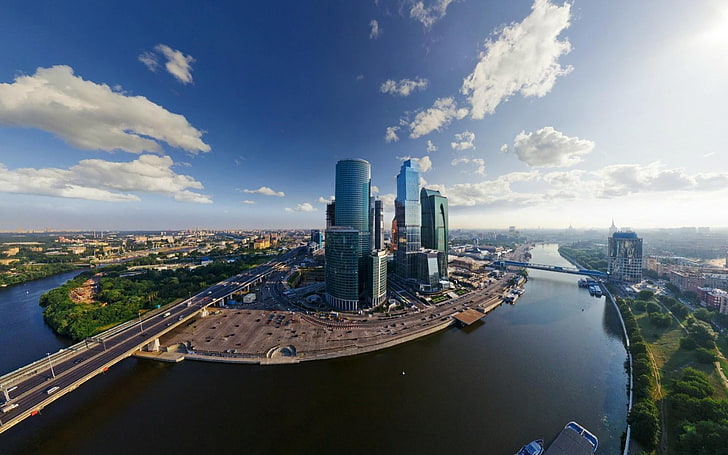 aerial view of high rise building near calm lake, Moscow, Russia