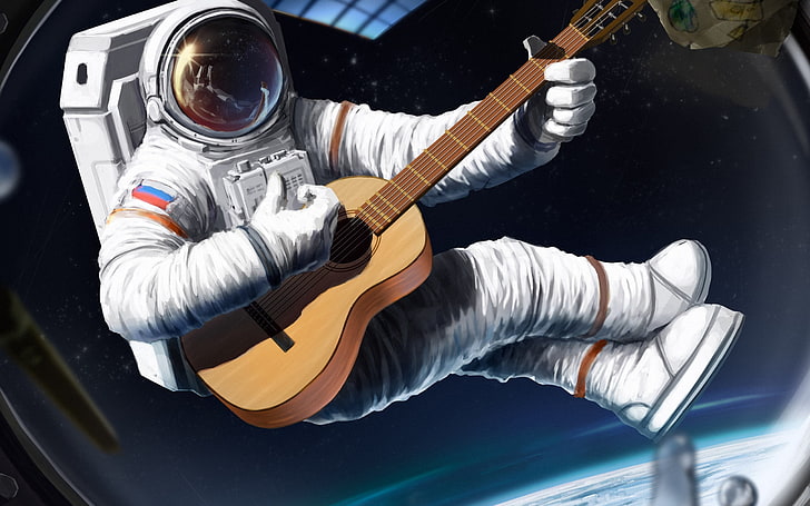 comic art, astronaut, guitar, playing, one person, string instrument