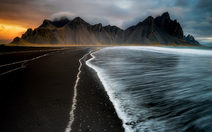 brown mountain, water, nature, Iceland, coast, sea, dark, sky, HD wallpaper