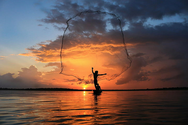 Thailand, fisherman, net, silhouette of a man throwing fishing net, HD wallpaper