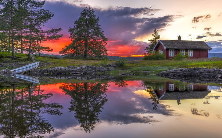 Ringerike, Norway, lake, water reflection, house, clouds, sunset