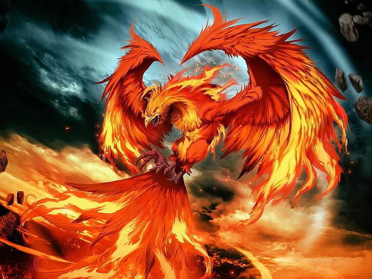 red and orange phoenix digital wallpaper, Fantasy Animals, flower