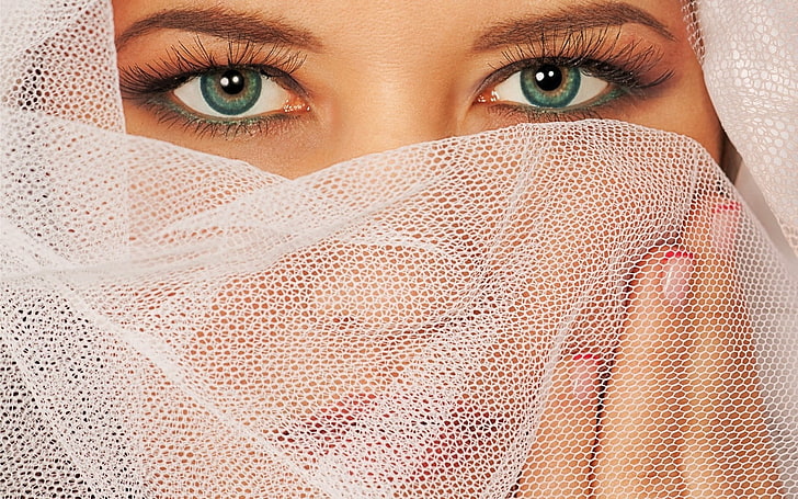 white mesh headscarf, girl, net, eyes, green-eyed, charm, women, HD wallpaper