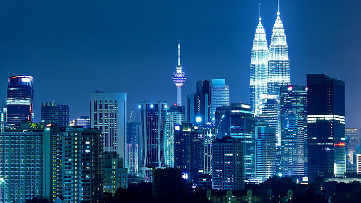 tower block, city lights, asia, malaysia, city center, sky, HD wallpaper