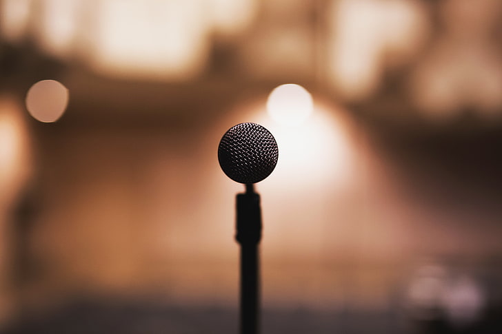 selective focus photography of black microphone, music, depth of field