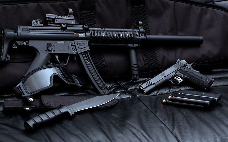 black assault rifle, black pistol, and black combat knife, gun