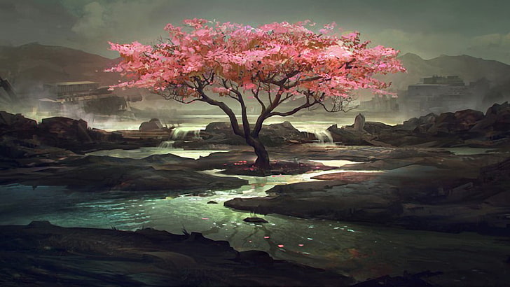 pink leafed tree, fantasy art, trees, plant, beauty in nature, HD wallpaper