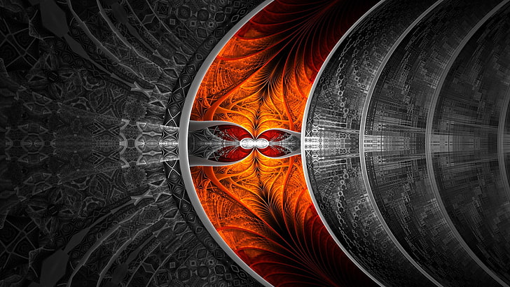 gray and orange floral wallpaper, abstract, fractal, selective coloring, HD wallpaper