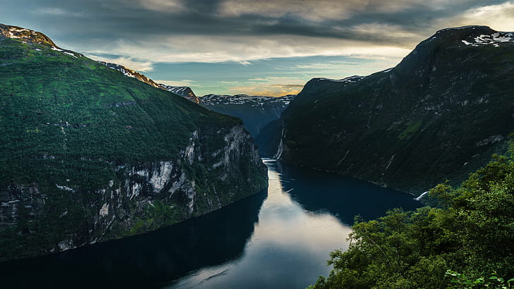landscape photography of cliff near river, Sunset, Geirangerfjord, HD wallpaper