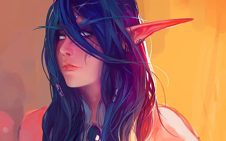 blue-haired female elf wallpaper, World of Warcraft, digital art
