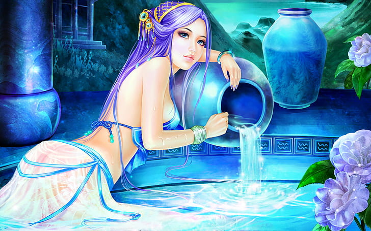 Aquarius Astrology Zodiac Signs Girl Bowls with water flowers Fantasy Art Desktop HD Wallpaper for Mobile phones Tablet and PC 5200×3250, HD wallpaper