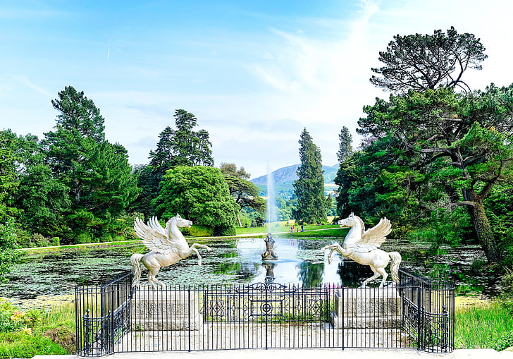 white unicorn statues, the sky, trees, pond, Park, people, horse