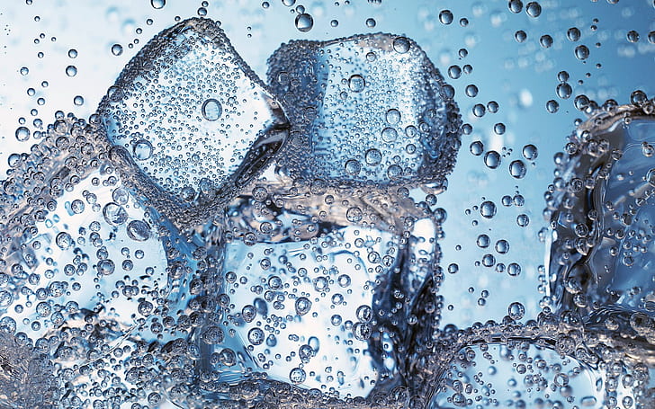 Ice cubes in water, bubbles