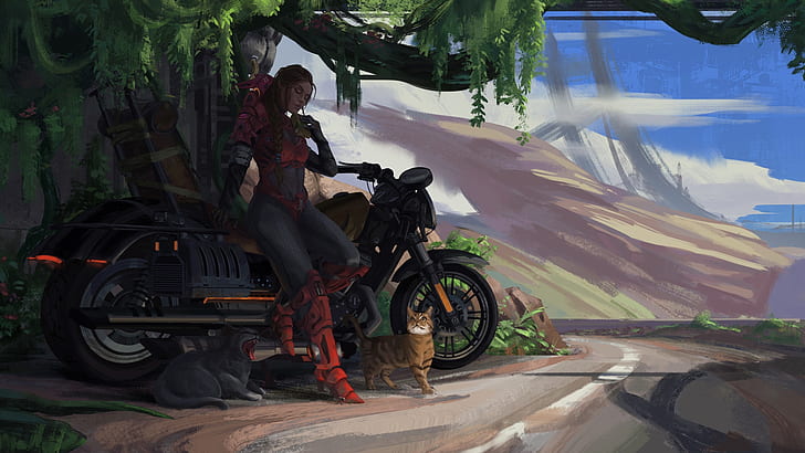 Sci Fi, Women, Cat, Girl, Motorcycle, Woman, HD wallpaper