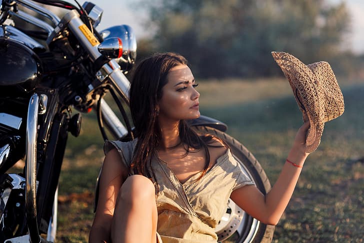 girl, hand, hat, motorcycle, Leonid Mochulsky, HD wallpaper