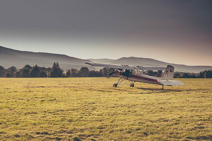 white and red biplane, aircraft, ok mtk, field, grass, airplane