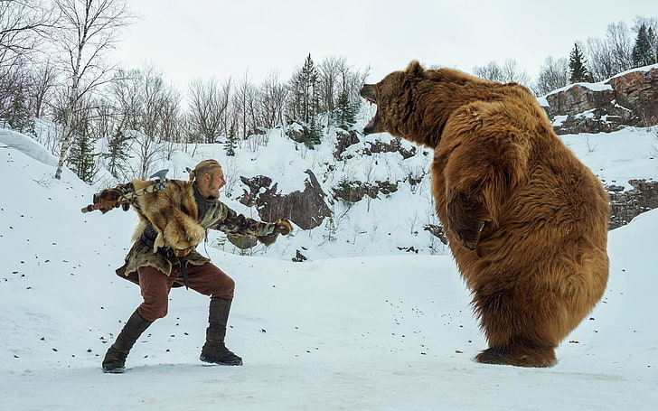 brown bear, animals, Vikings (TV series), axes, bears, snow, Alexander Ludwig