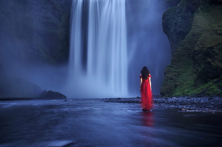 woman standing near water falls photography, Facing fear, head-on, HD wallpaper