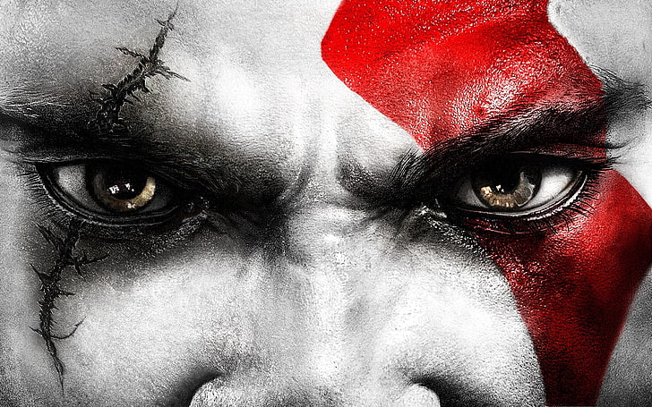 man with stitch on eye and red mark graphic, eyes, Kratos, God Of War