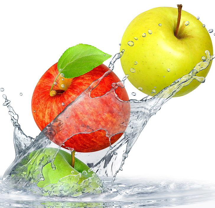 three green and red apples, water, squirt, fruit, fresh, splash HD wallpaper