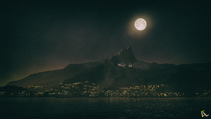 mountain and city under moonlight, dishonored 2, video games, HD wallpaper