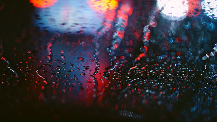 water dews, macro, water drops, rain, bokeh, depth of field, red, HD wallpaper