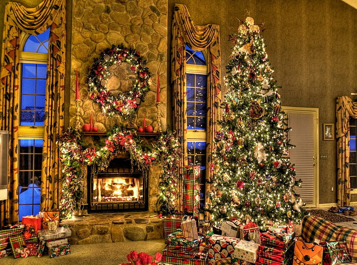 tree, christmas, presents, fireplace, wreath, home, comfort, christmas decor lot, HD wallpaper