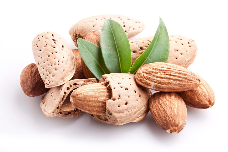brown almonds, pistachios, nuts, snack, shells, leaves, heap, HD wallpaper