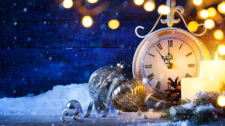 round white analog clock, snow, watch, New Year, Christmas, happy, HD wallpaper
