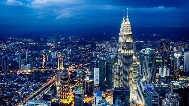 aerial photography of city during nighttime, Petronas Towers
