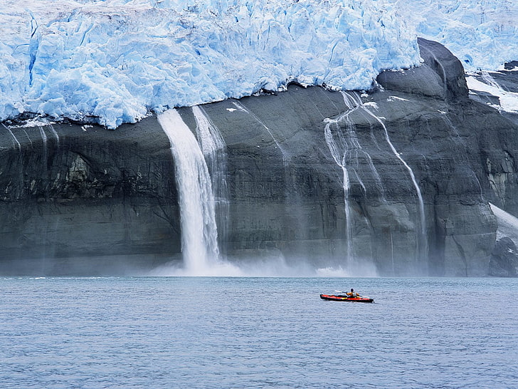 Alaskan Scenary, red kayak, World, alaska wallpapers, water, cold temperature, HD wallpaper