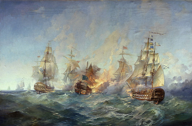 brown ships painting, picture, Blinkov, The battle of the island Tendra 28-29 August 1790 g