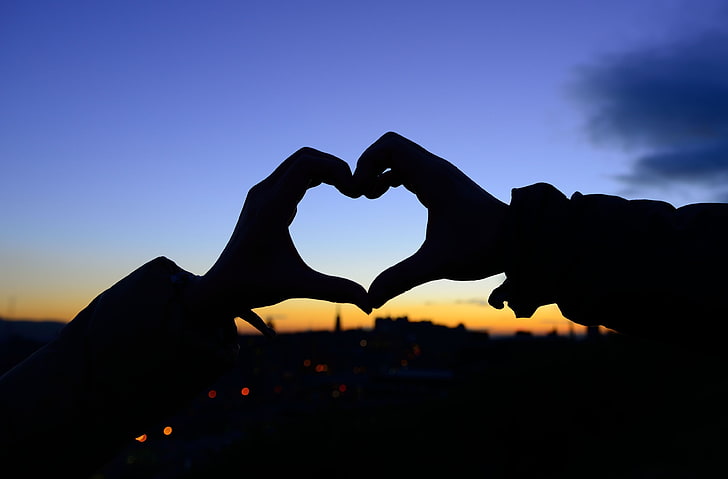 hands forming heart digital wallpaper, girl, love, sunset, background