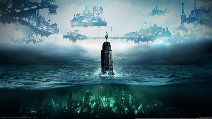 underwater city and aircrafts digital wallpaper, BioShock, tower