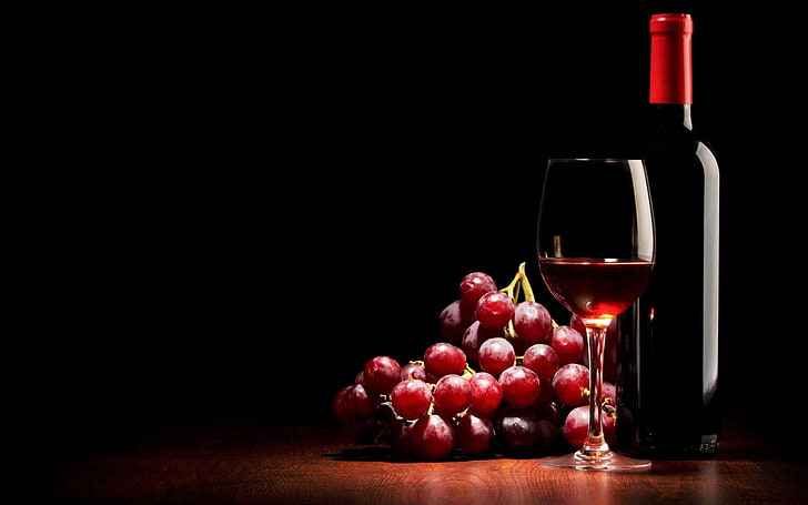 red wine bottle, drink, grapes, fruit, black background, bottles