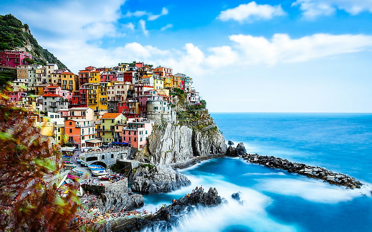 coast, Italy, Cinque Terre, town, rocks, cliff, HD wallpaper