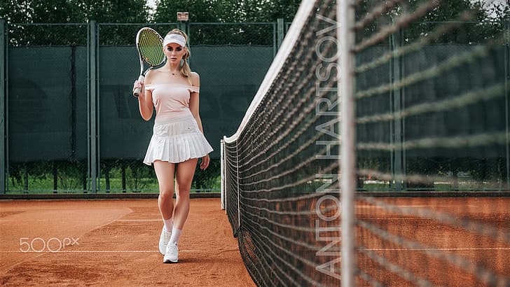 Anton Harisov, women, blonde, long hair, bare shoulders, tennis