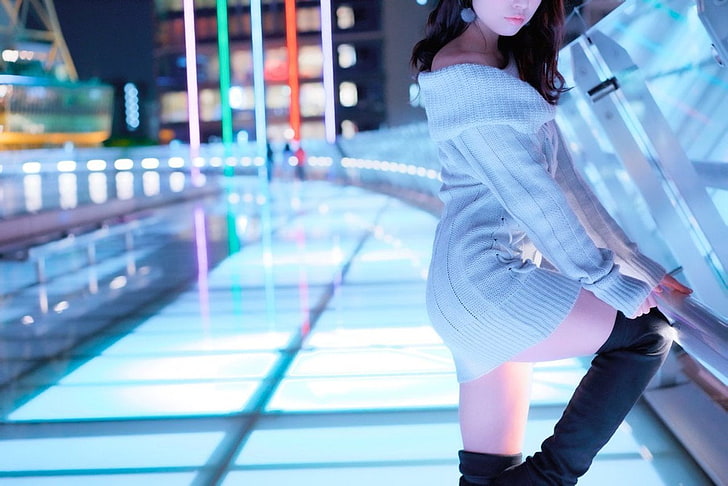 women's white knitted sweater, Japanese women, legs, black hair