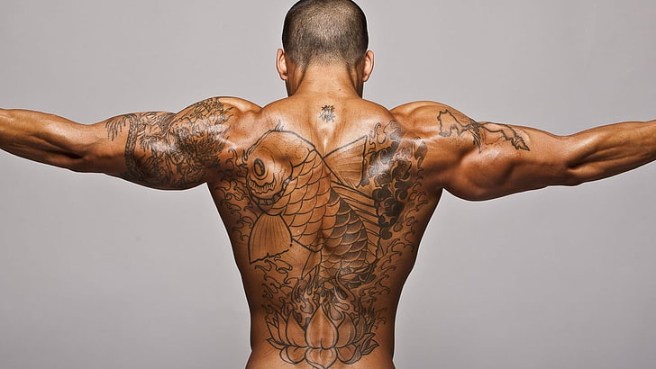 black koi full-back tattoo, muscles, guys, muscular build, studio shot