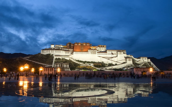 Buddhism, architecture, Tibet, Potala Palace, evening, hills