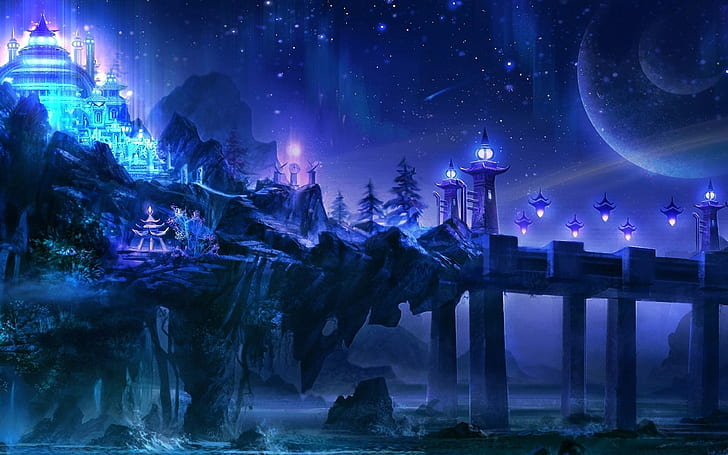 View In The Future Fantasy City Art Pictures Night Temple Lights Bridge Rock Stones 4k Ultra Hd Wallpaper For Desktop Laptop Tablet Mobile Phones And Tv 3840×2400, HD wallpaper