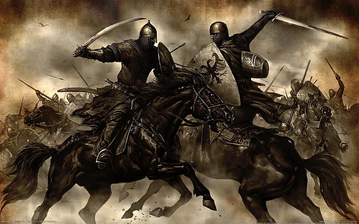 warrior riding on horse illustration, Knights, Swords, Fight