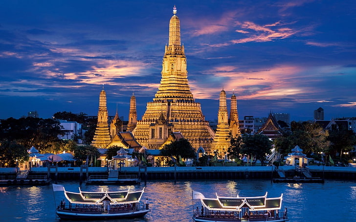 Thailand, temple, architecture, river, night, old building, HD wallpaper