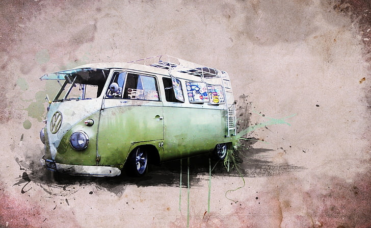 Hippies Van, green Volkswagen Type 2, Artistic, Grunge, transportation, HD wallpaper