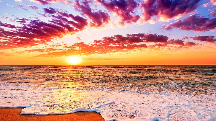 sky, horizon, sea, ocean, sunrise, beach, shore, wave, morning, HD wallpaper