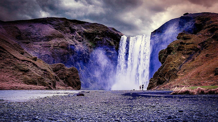 waterfall, iceland, skogafoss, cliffs, europe, river, amazing, HD wallpaper