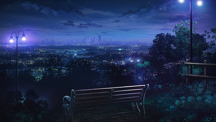 painting of gray bench, night, Los Angeles, city, lights, stars