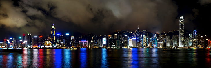 panoramic photo of city lights, hong kong, china, 香港, 中国, hong kong, china, 香港, 中国